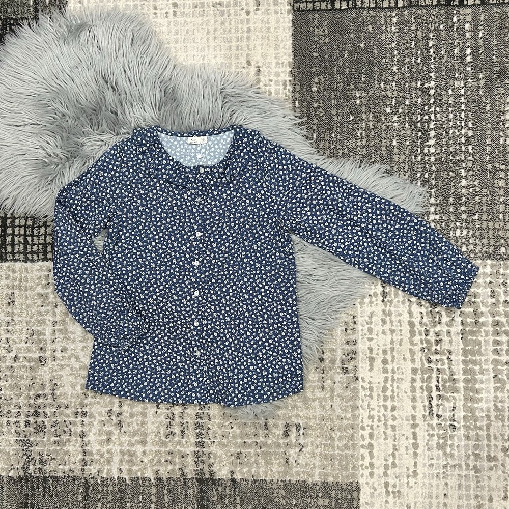 Beet World Girls Navy Ruffle Collar Button Up w/White Floral Print Size 11-12